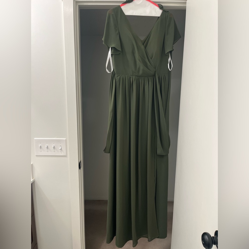 Revelry Harper Chiffon Faux Deep Olive Green wrap Dress